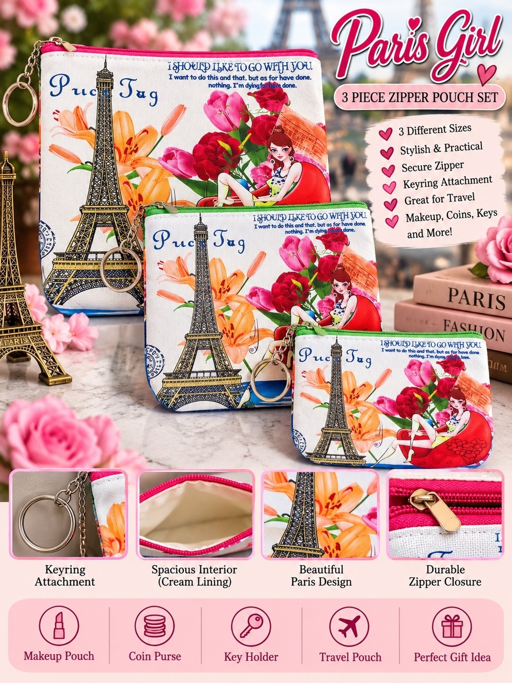 3-Piece Paris Eiffel Tower Zipper Pouch Set with Keyrings